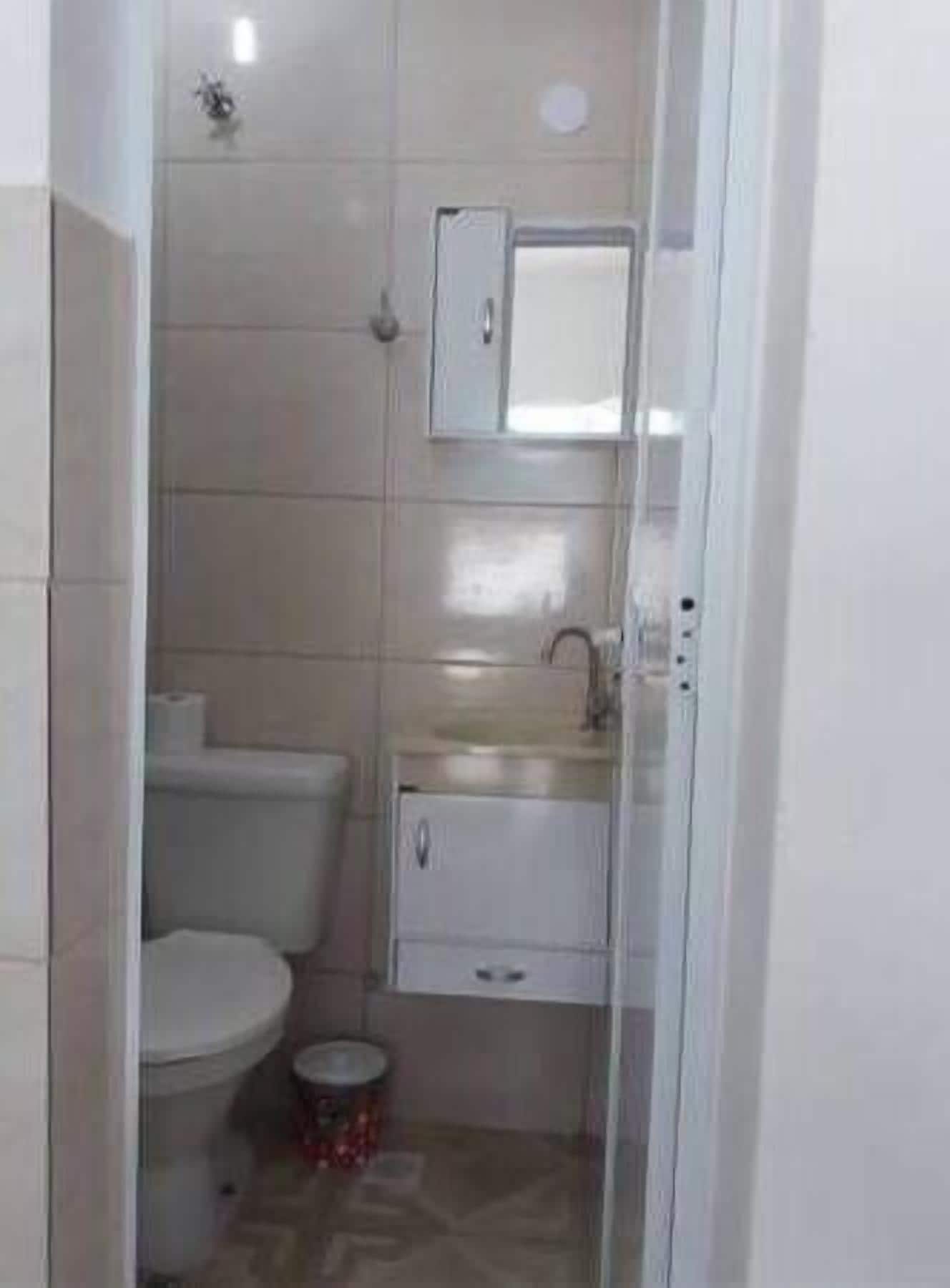 A small, enclosed bathroom with a toilet, sink, and cabinet.