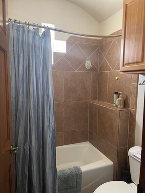 Hair dryer, towels, soap, toilet paper
