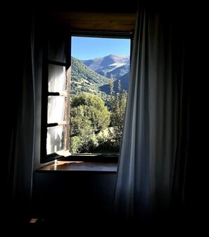 Enjoy breathtaking views of the surrounding hills and trees from this room's window.