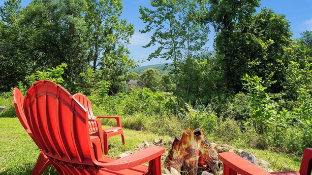 A red chair and a fire pit in a grassy area with trees and hills in the background.