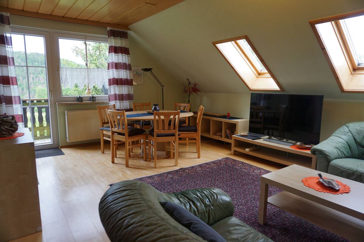 A cozy living room with a green sofa, a dining table with chairs, a TV, and skylights.