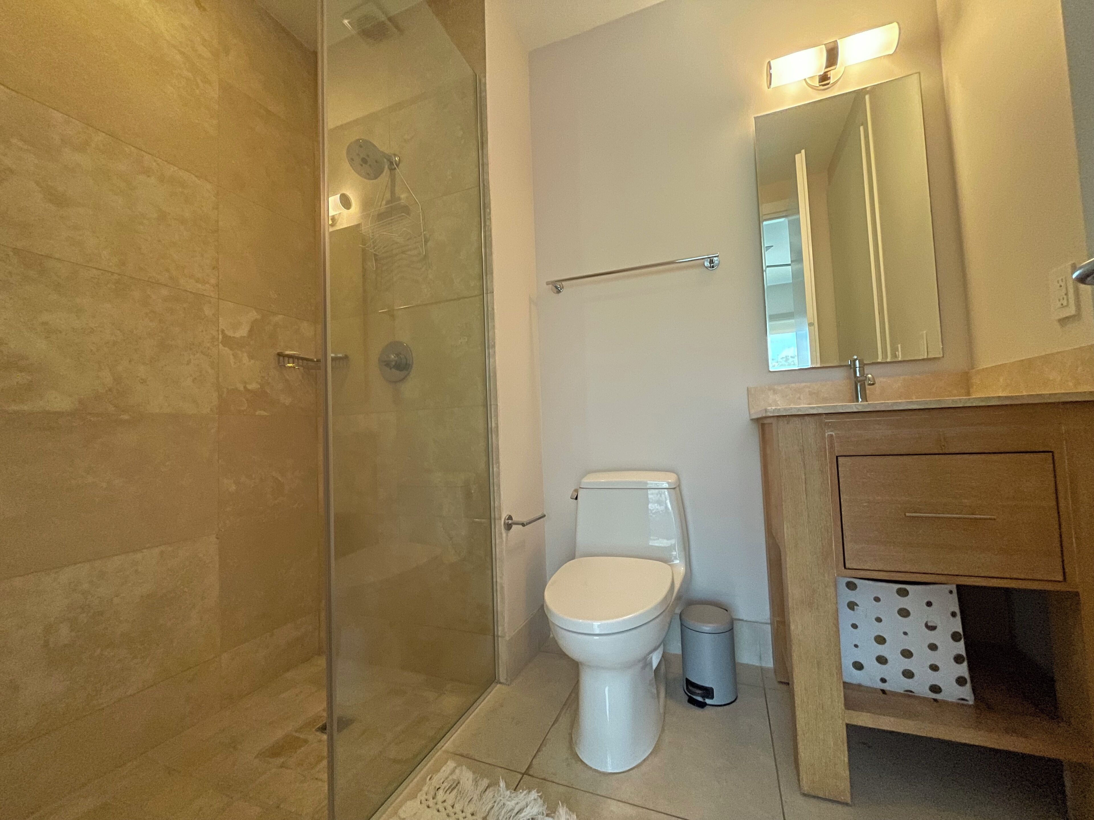 Et moderne badeværelse med et glasbadeværelse, et hvidt toilet og en trækommode med et spejl.
