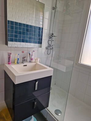 Dusche, Haartrockner, Seife, Shampoo
