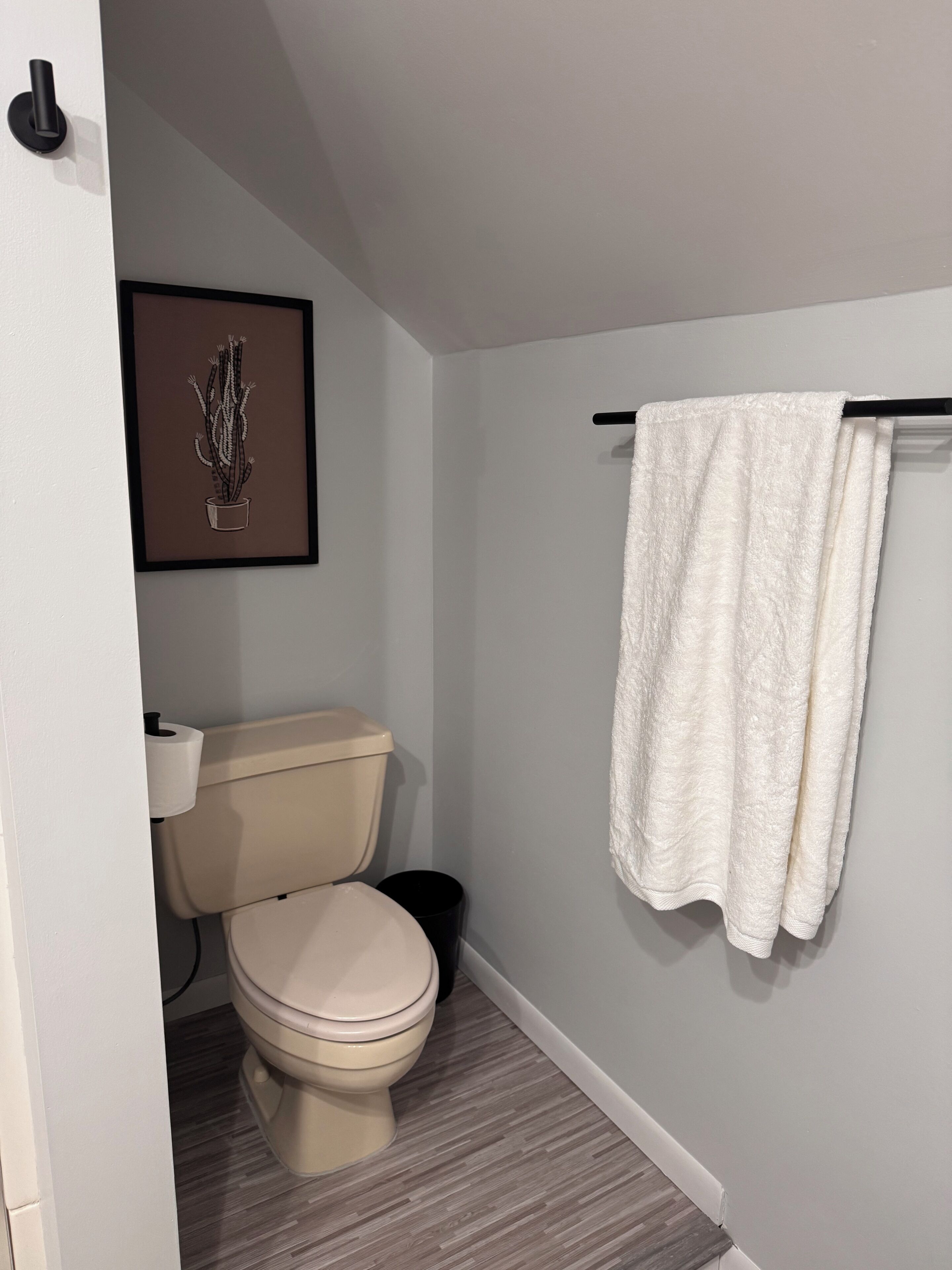 A bathroom with a toilet, a framed picture on the wall, and a towel hanging on a rack.
