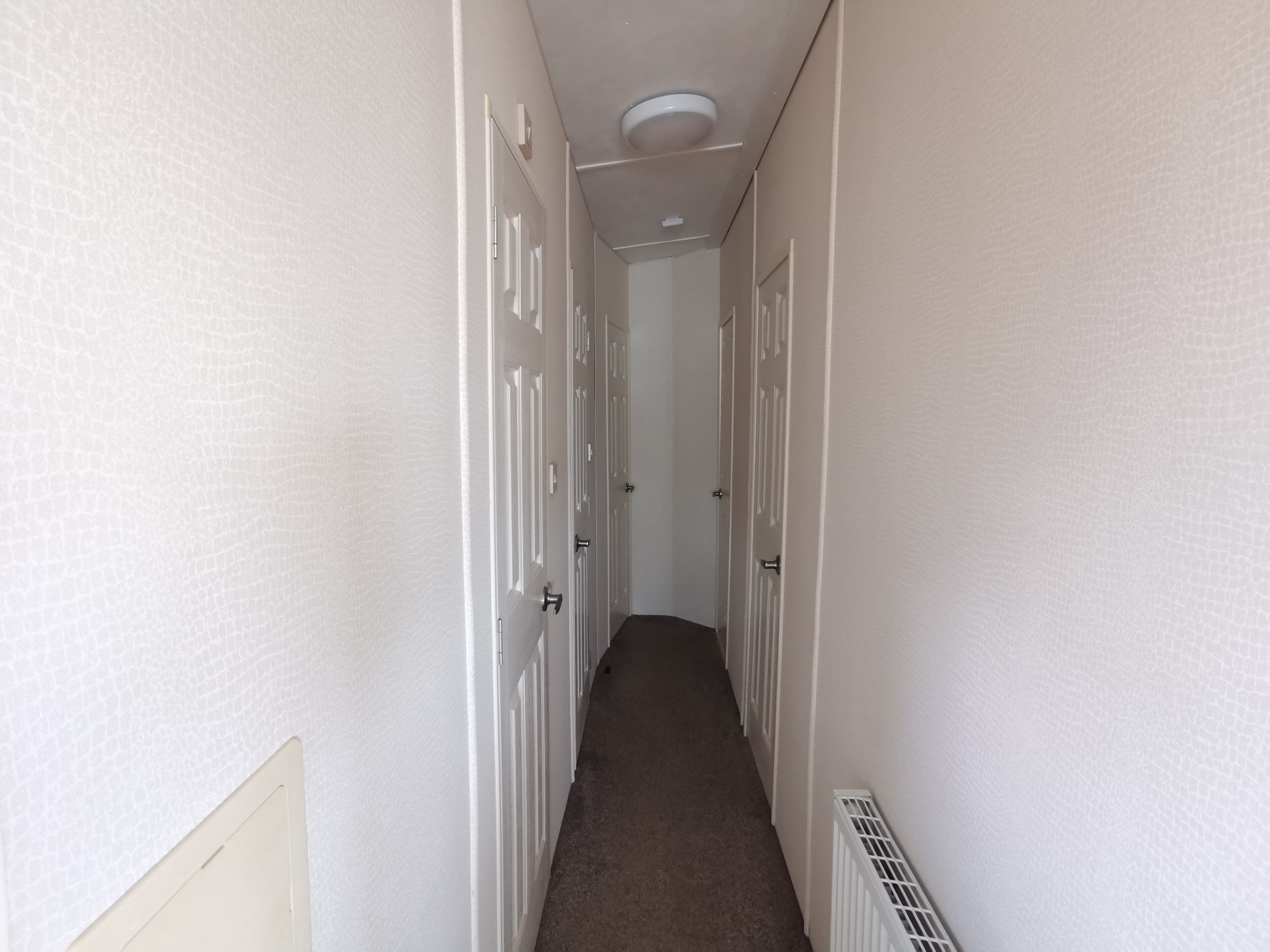 A narrow hallway with white walls and doors, a brown carpet, and a ceiling light fixture.