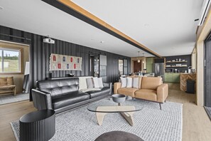 Smart TV, fireplace, books, stereo