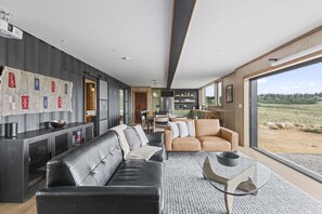 Smart TV, fireplace, books, stereo