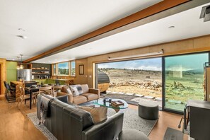 TV connectée, cheminée, livres, chaîne hi-fi