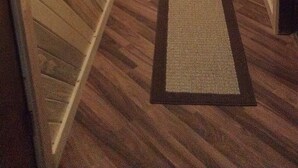 A narrow hallway with a wooden floor, a white door with a red lock, and a small rug at the entrance.
