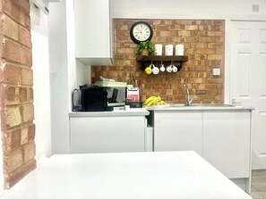 Fridge, microwave, coffee/tea maker, electric kettle