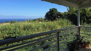 Un espacio al aire libre techado con barandilla, con vistas a un paisaje cubierto de césped y una lejana vista al océano.