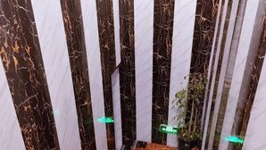 Kapea, suljettu tila, jonka seinissä on pystysuuntaisia raitoja, ja jossa on lattialla ruukussa oleva kasvi sekä punainen esine.