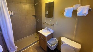A bathroom with a shower, sink, toilet, and towel rack. - Thousand Hills (Kirksville)
