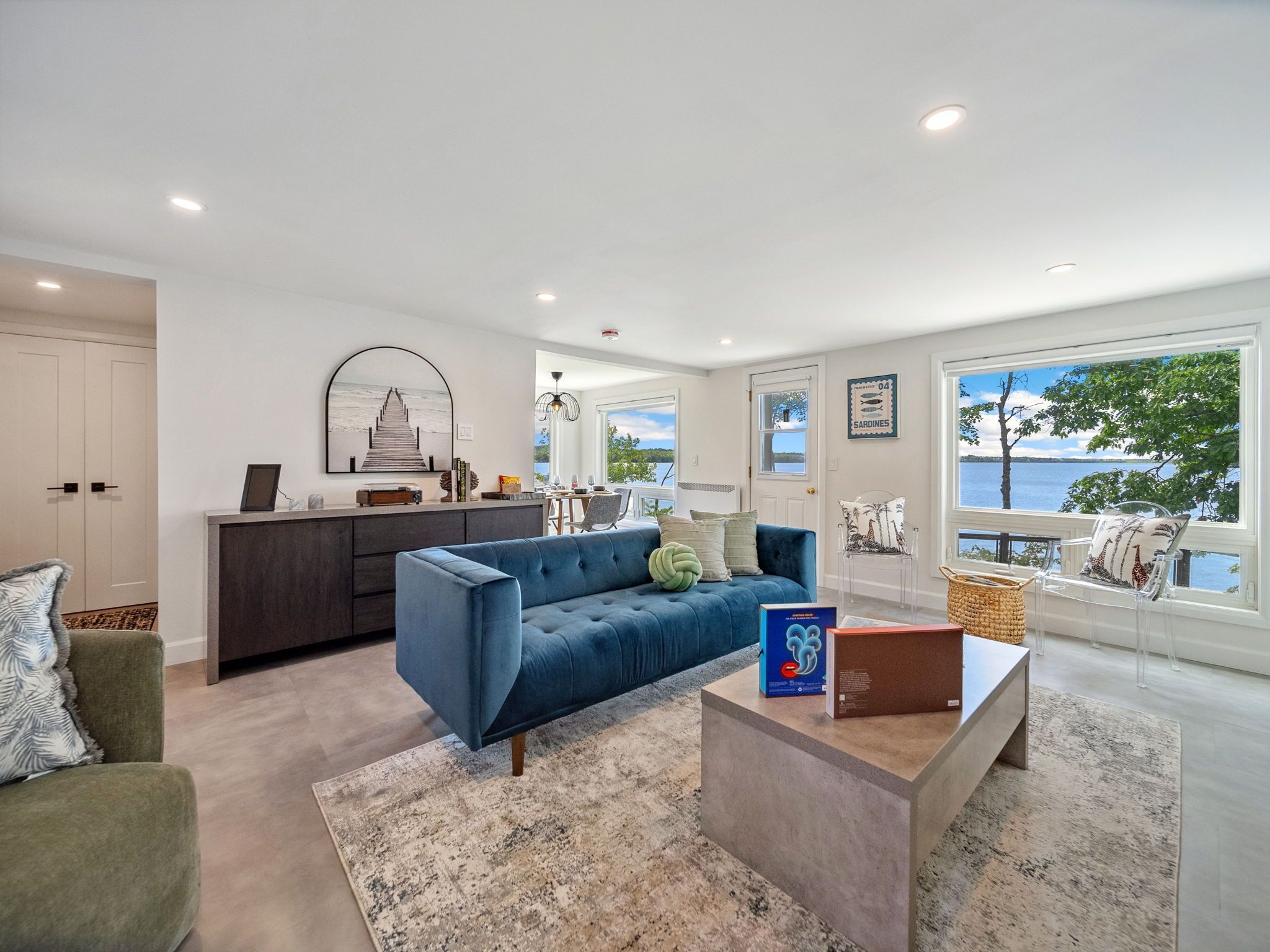 Smart TV, fireplace, books, music library