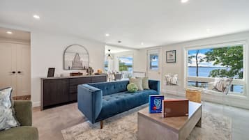 Smart TV, lareira, livros, biblioteca musical