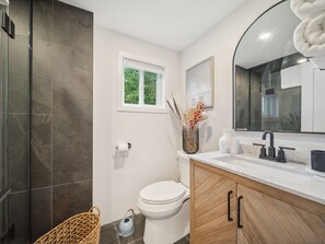 Chuveiro, secador de cabelo, toalhas de banho, sabonete