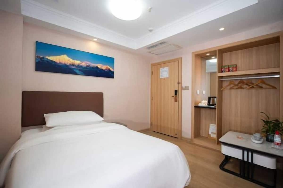 A hotel room with a bed, a painting of a mountain, a wooden wardrobe, and a small table with a plant.