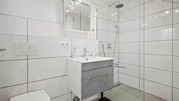 Shower, hair dryer, towels, toilet paper