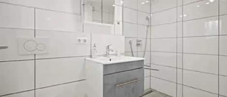 Shower, hair dryer, towels, toilet paper