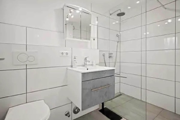 Shower, hair dryer, towels, toilet paper