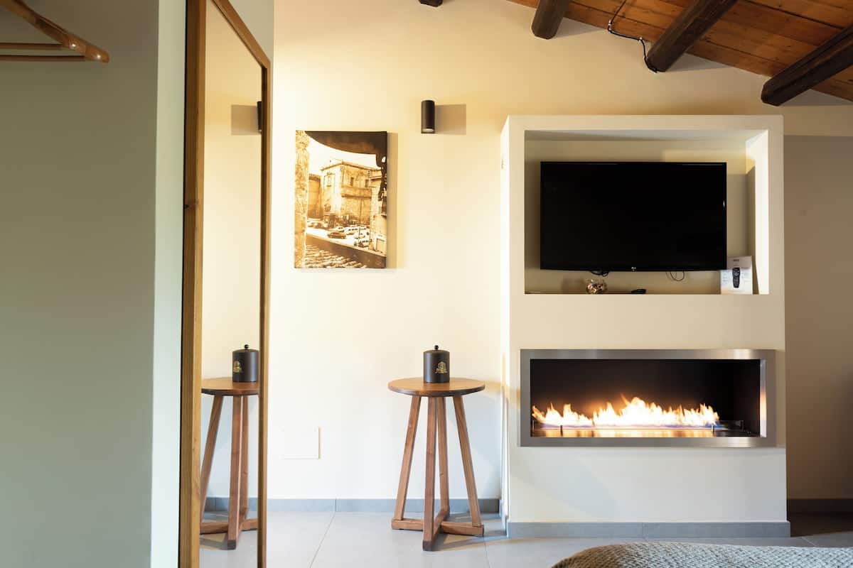 A modern living room with a fireplace, a mounted TV, and a framed picture on the wall.