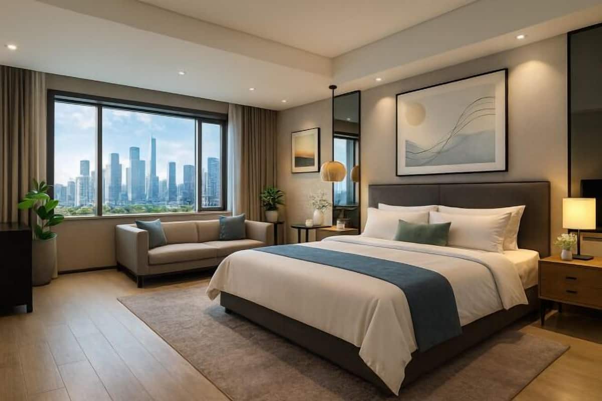 A modern hotel room with a large bed, a sofa, a nightstand, a lamp, and a city view.