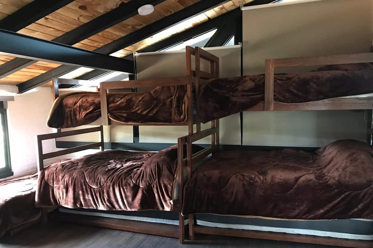 A bunk bed room with a wooden ceiling and a window providing natural light.