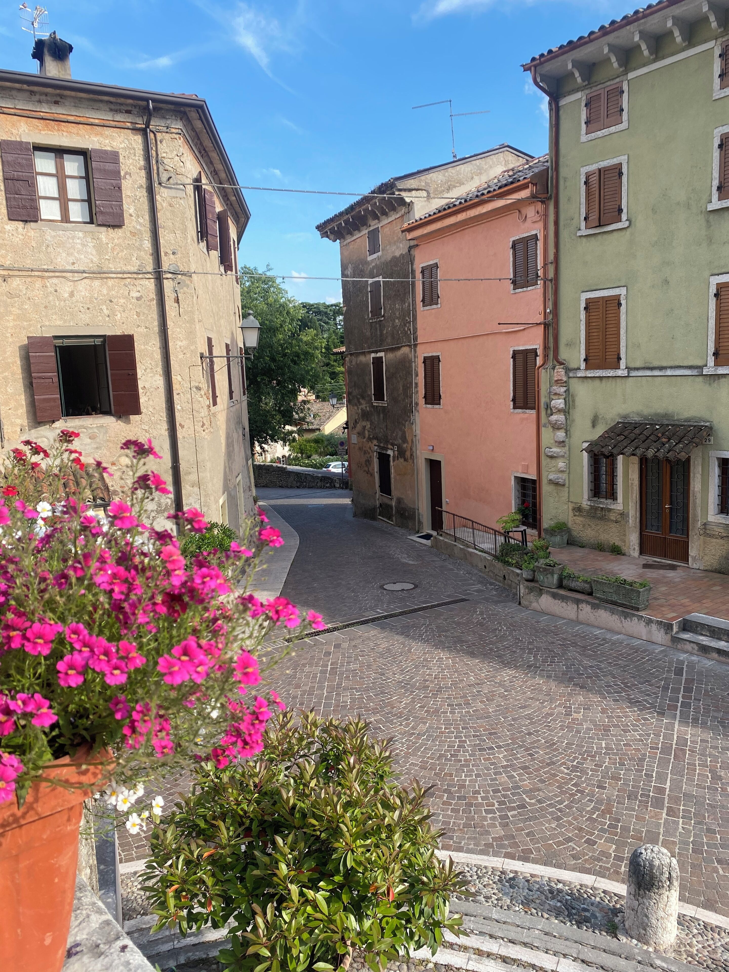 Uma rua de paralelepípedos flanqueada por edifícios históricos, alguns com persianas, e uma jardineira com flores em primeiro plano.