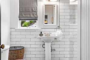 Hair dryer, towels, soap, shampoo