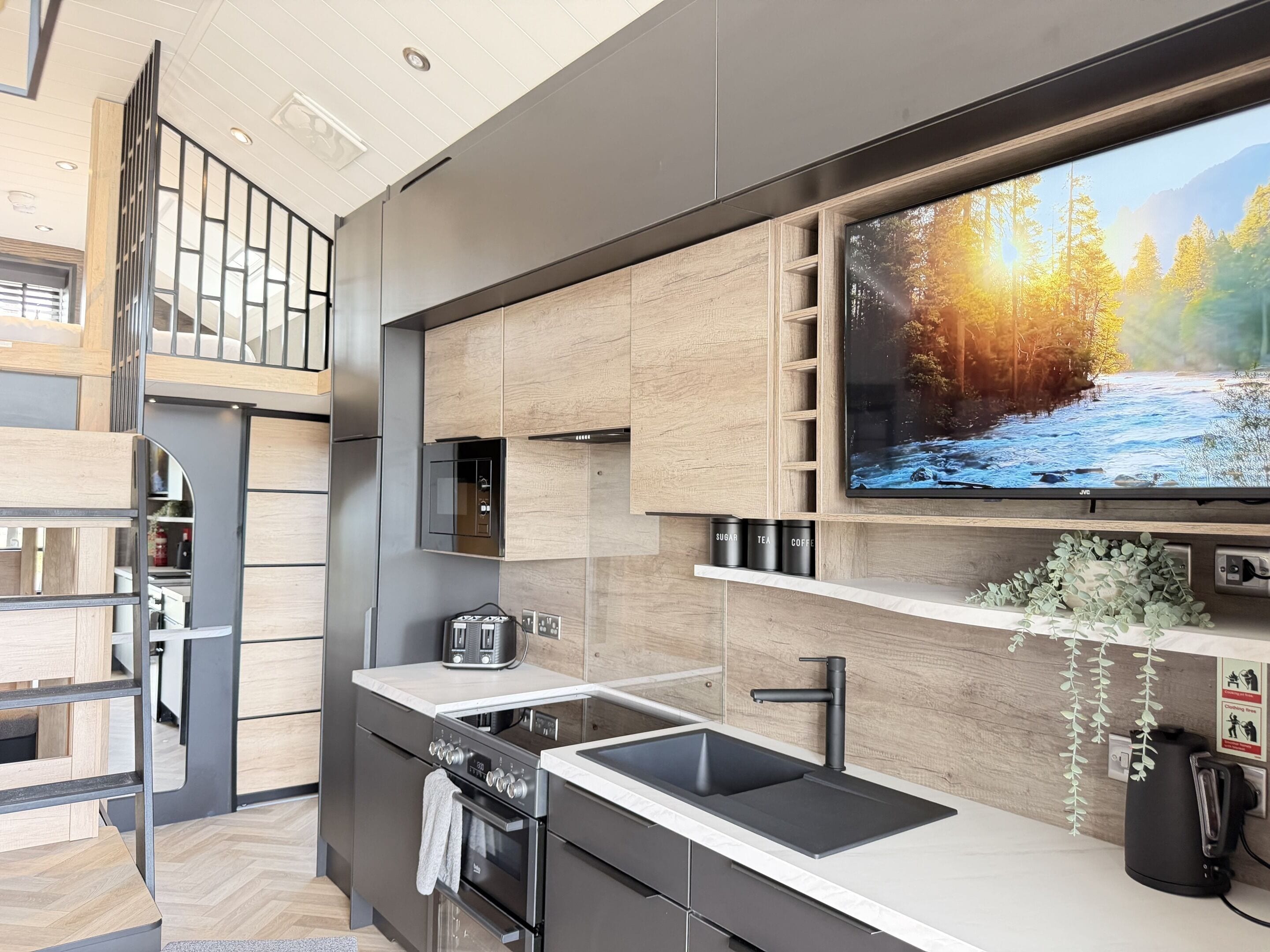 Una cocina moderna con horno empotrado, microondas, lavamanos y un televisor de pantalla plana que muestra una escena de bosque.