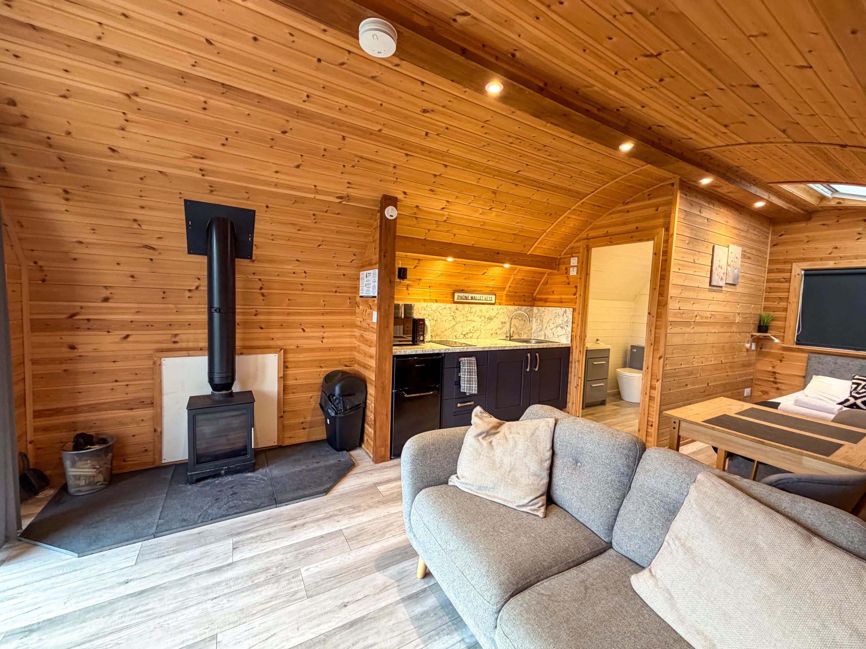 Acogedor interior de cabaña con sofá, chimenea, cocina y baño.