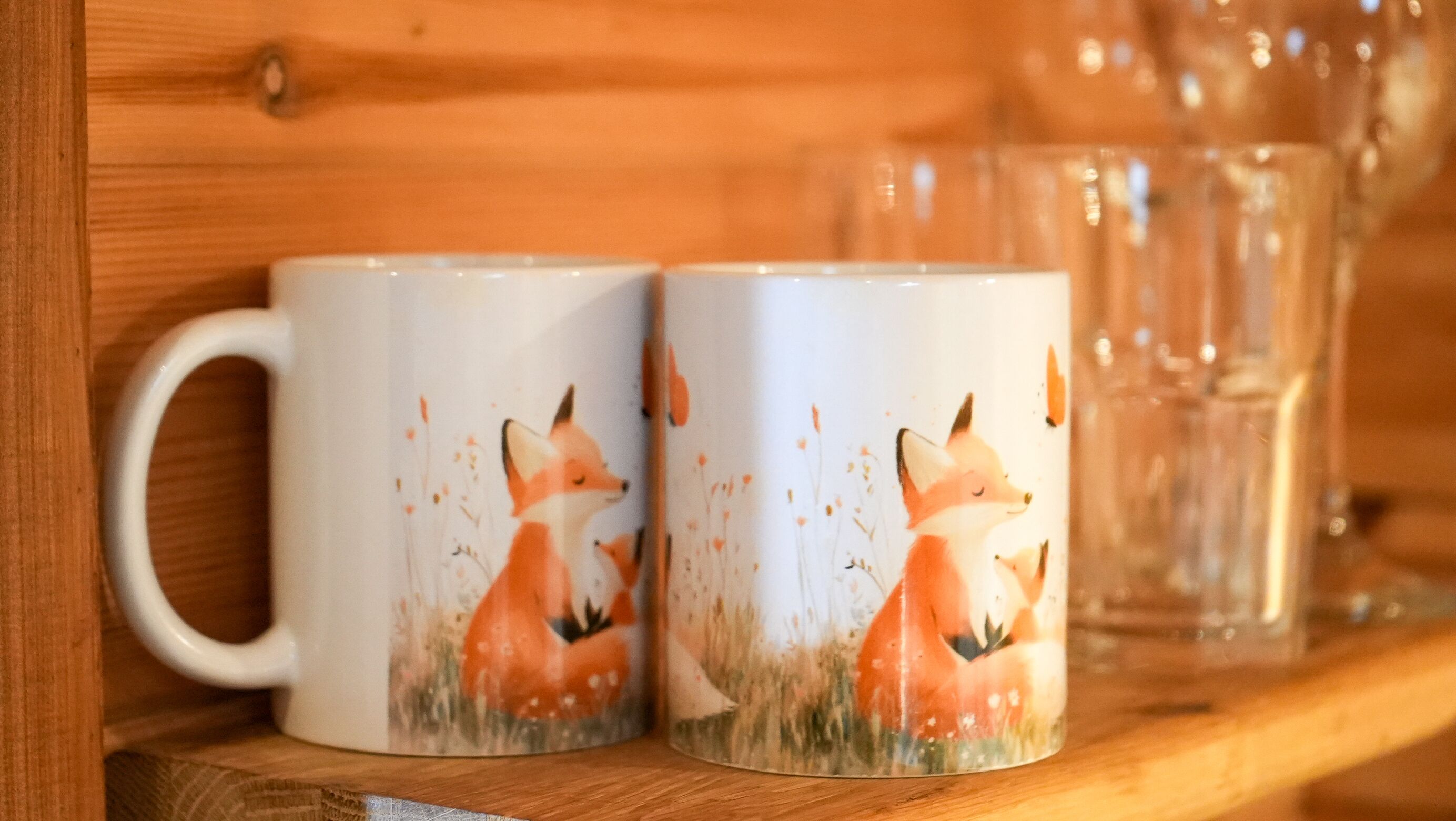 Two white mugs with fox designs on a wooden shelf.