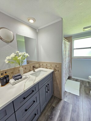 Shower, hair dryer, towels, soap
