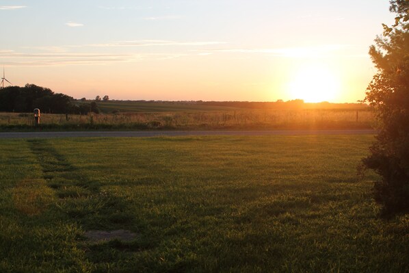 A grassy field with a wind turbine in the distance and a road in the foreground. - Fall Family Fun at The Farm House - Spacious Country Retreat! Pet Friendly! (Osborn)