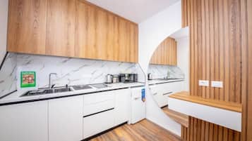 Fridge, microwave, stovetop, electric kettle