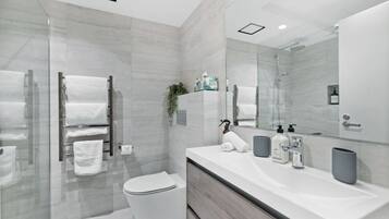 Hair dryer, soap, shampoo, toilet paper