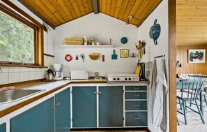Frigorífico, placa de cocina y utensilios de cocina