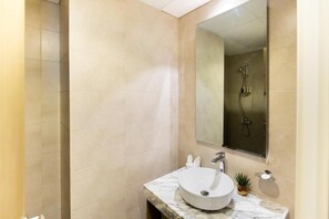 Hair dryer, towels, soap, shampoo
