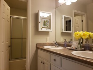 Hair dryer, towels, soap, shampoo