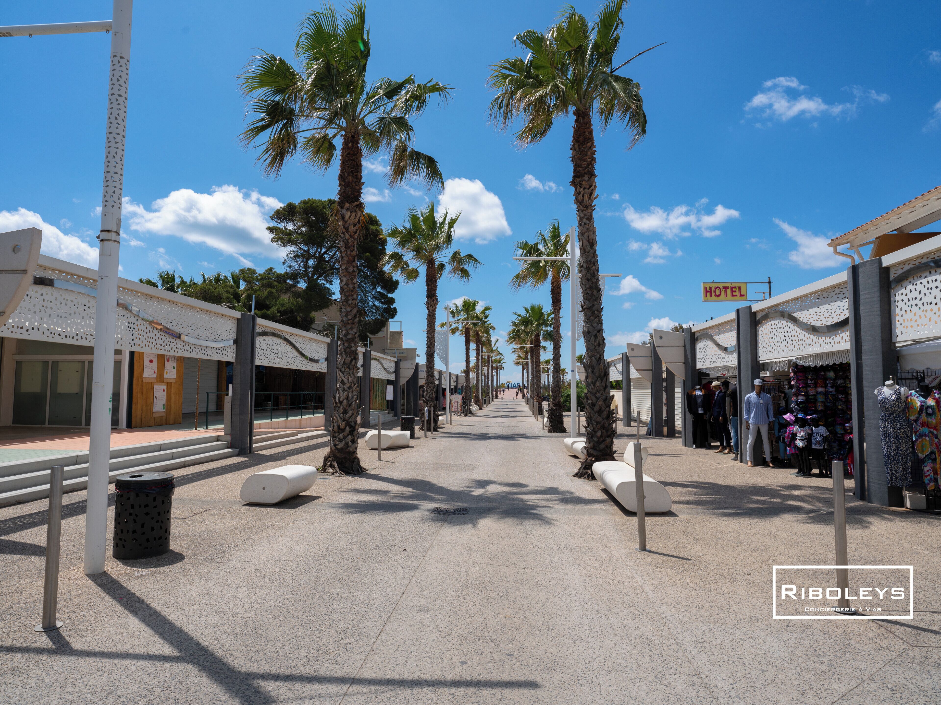 A hotel corridor with palm trees, a clear sky, and a 'HOTEL' sign.