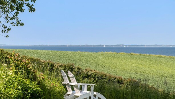 Een witte Adirondack-stoel in een grasveld, met uitzicht op het water en zeilboten in de verte.