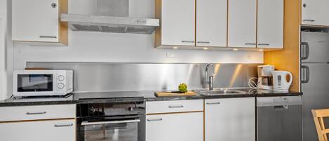 Fridge, stovetop, dishwasher, coffee/tea maker