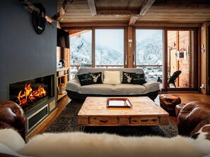 Télévision, cheminée, chaîne hi-fi