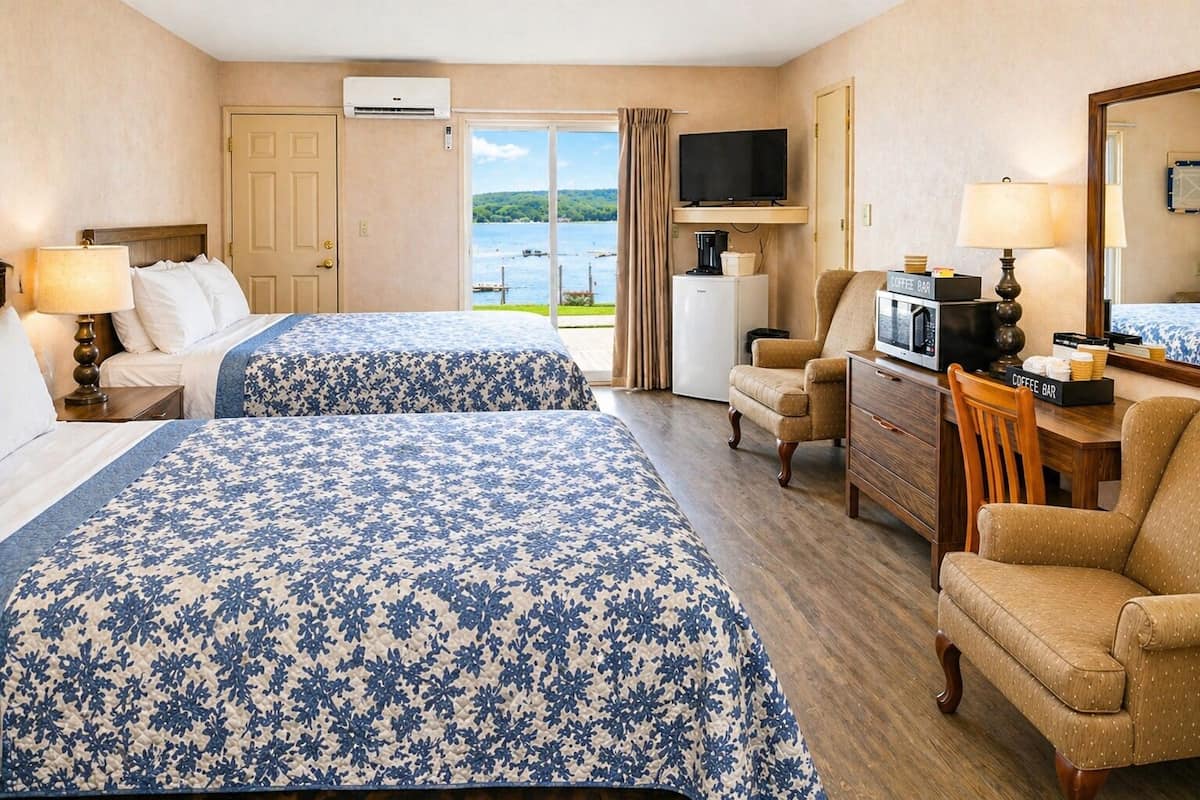 A hotel room with two beds, a television, a coffee bar, and a view of the water.