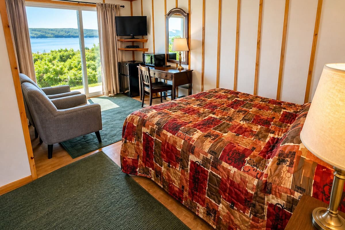 A hotel room with a large bed, a desk with a computer, a television, and a view of the outdoors.