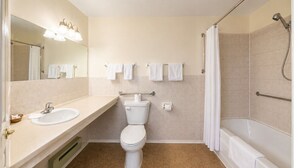 A bathroom with a toilet, sink, shower, and a mirror.