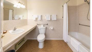 Ensemble douche/baignoire, savon, shampoing, papier toilette