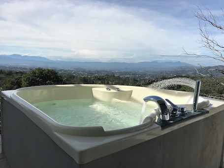 Outdoor spa tub. Cabin2 of Height beautiful Panoramic view and Jacuzzi with hot water on terrace