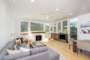 Smart TV, caminetto, libri, impianto stereo