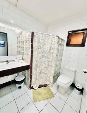 Chuveiro, secador de cabelo, toalhas de banho, sabonete